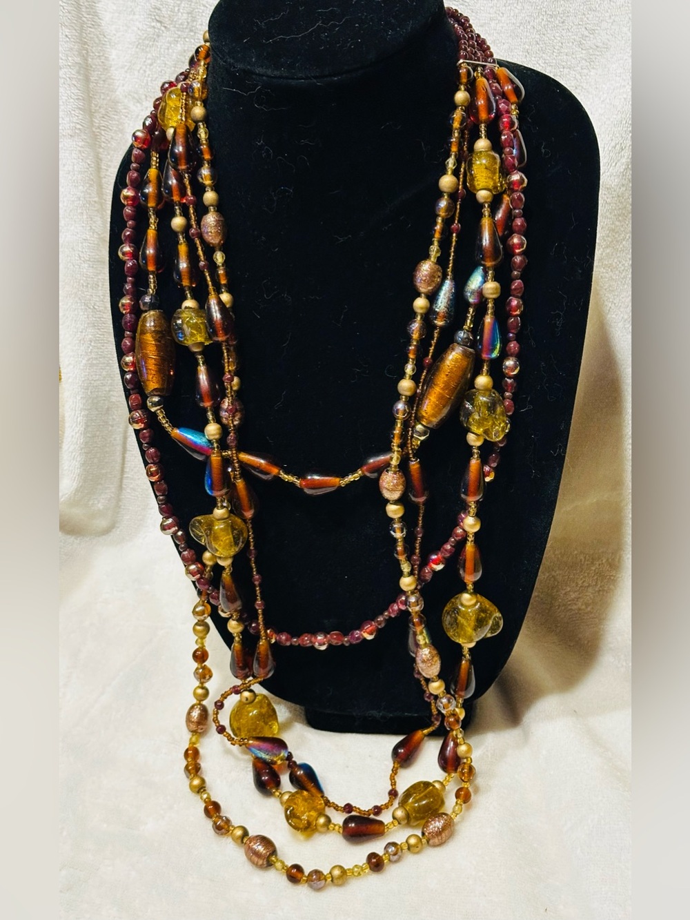 CZECH Art Deco Huge Glass Beads 5 Strand Long Necklace Vtg Brown Amber Boho
